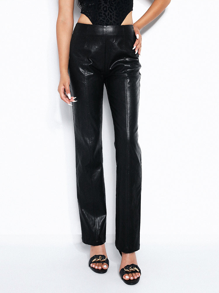 TR Sheホットライドダストブラック万能パンツストレートレッグベーシックハイエンドスキニーホットティーレザーパンツ