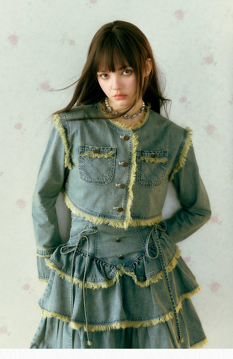 [Ju Jingyiと同じ段落] サンセットパークサンセットパークヴィンテージデニムローエッジスモールフレグランスジャケットケーキドレス