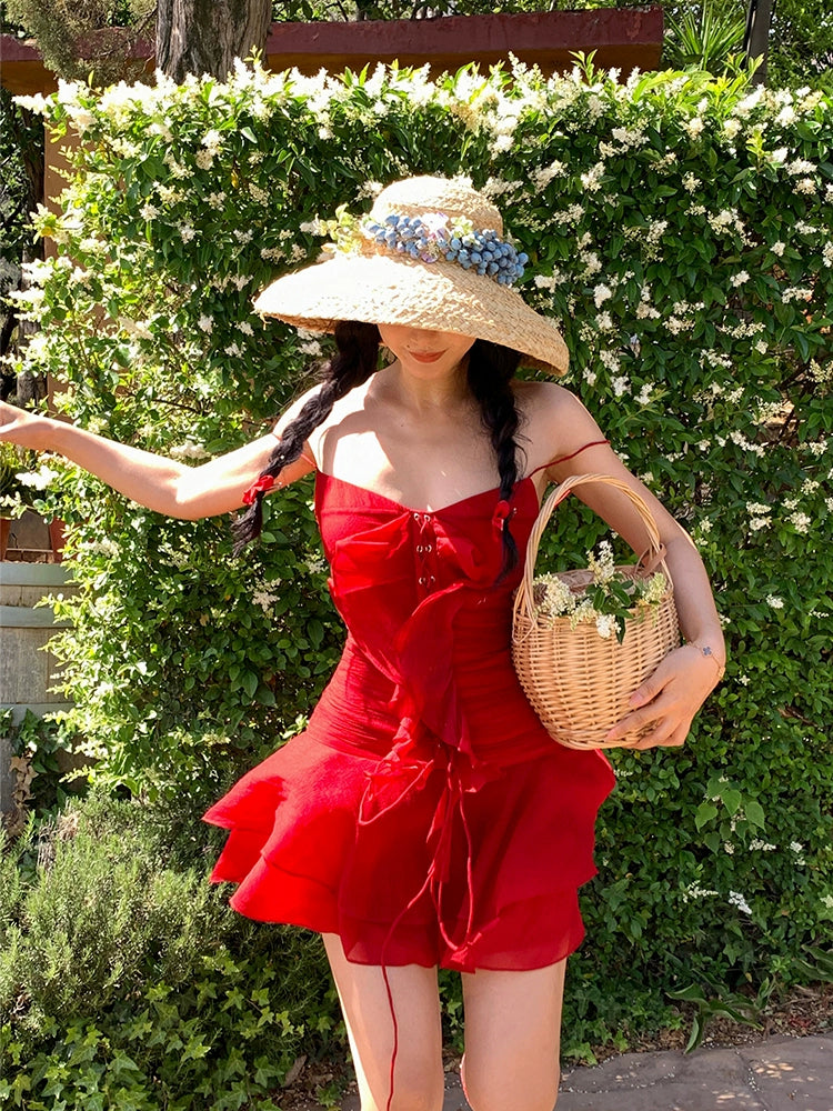 シャオリ赤と白のバラVネックスリップドレス夏のドーパミン小さな湯たんぱいウエスト締めAラインスカート