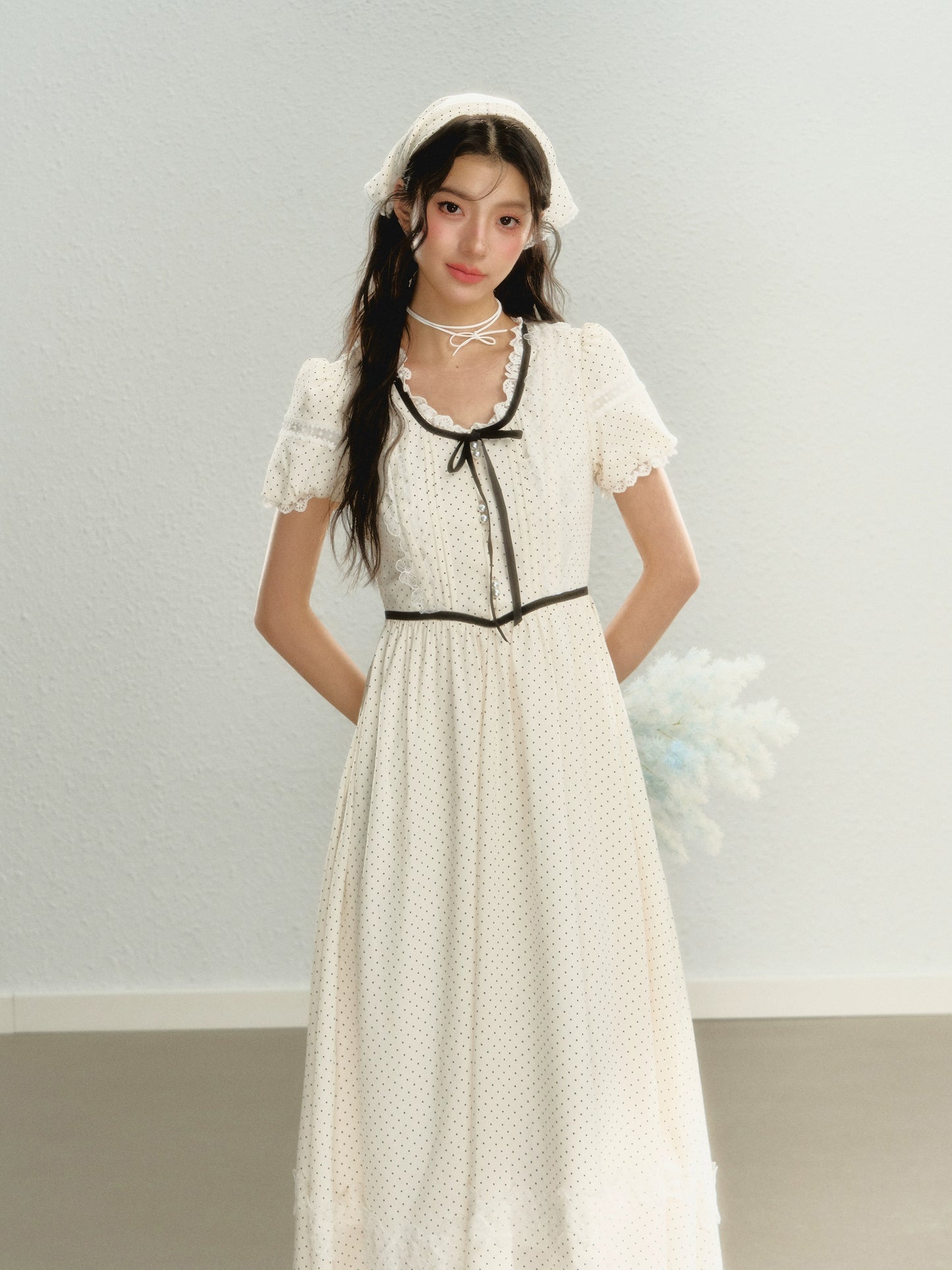 サンセットパーク「ハイジの休日」パフスリーブスカート夏と秋のフランスの水玉模様のドレス