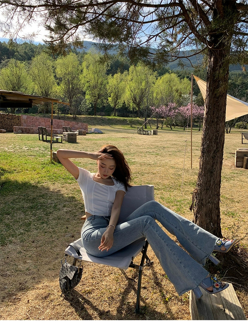 Xiaoli chopsticks essence 2.0 light color、ハイウエスト、ストレート、slightly フレアジーンズ、スプリングドレス、スリム、スキニーパンツ