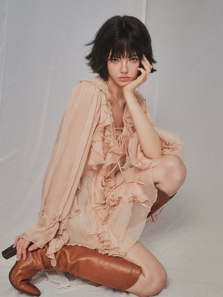 フォーエバーカンレディース2024新しい夏の島の回顧録モネガーデンスタイルVネックフリルトップドレスレディース