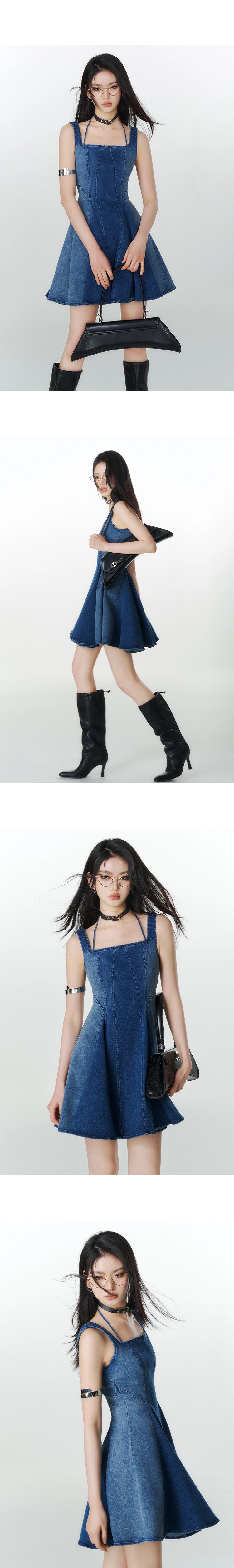 [スポット] アキバ比例分割小さな男の腰洗濯デニムドレス女性のハイウエストノースリーブ傘スカート