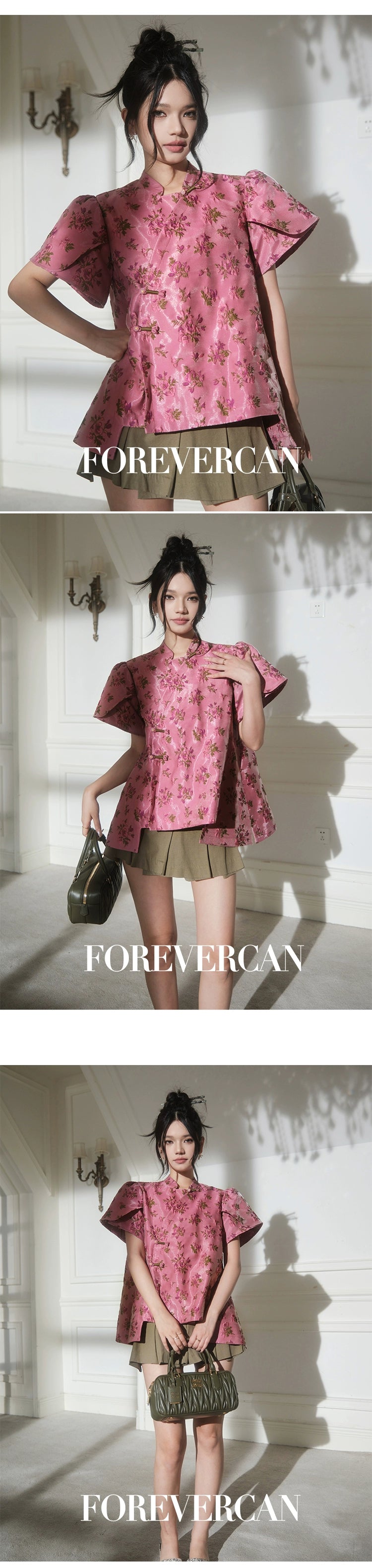 フォーエバーカンレディースサマー2024新しい中国スタイル新しい中国スタイルの高級気質パフスリーブ前立てトップス