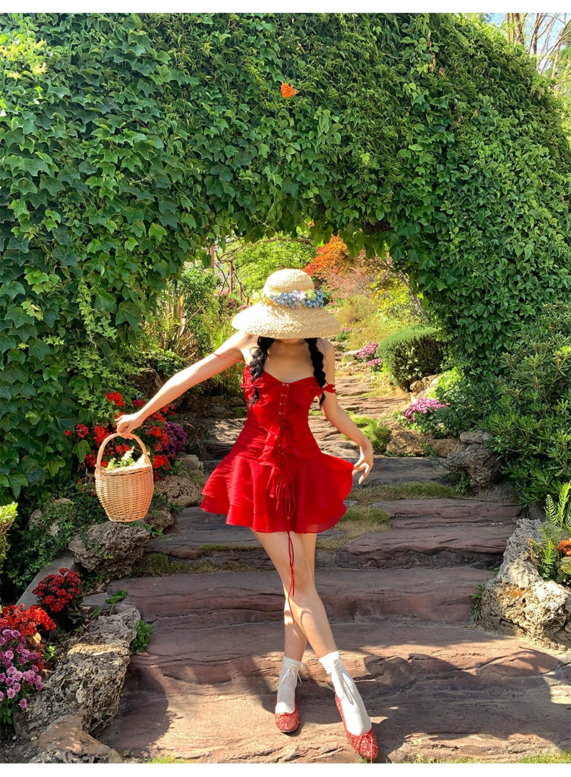 シャオリ赤と白のバラVネックスリップドレス夏のドーパミン小さな湯たんぱいウエスト締めAラインスカート