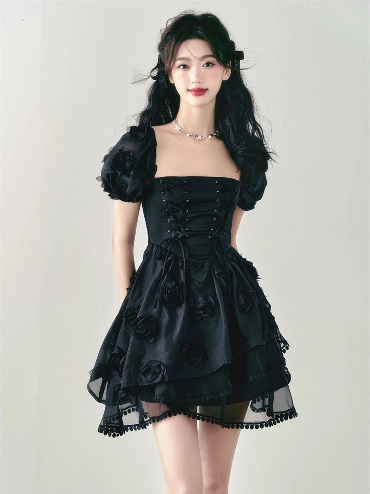 Three-Dimensional Rose Tie Puff Sleeve Dress