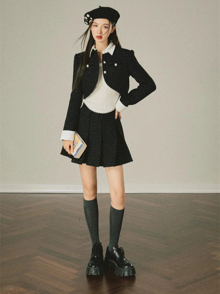 Tweed Small Fragrance Suit Pearl Buckle Short Skirt