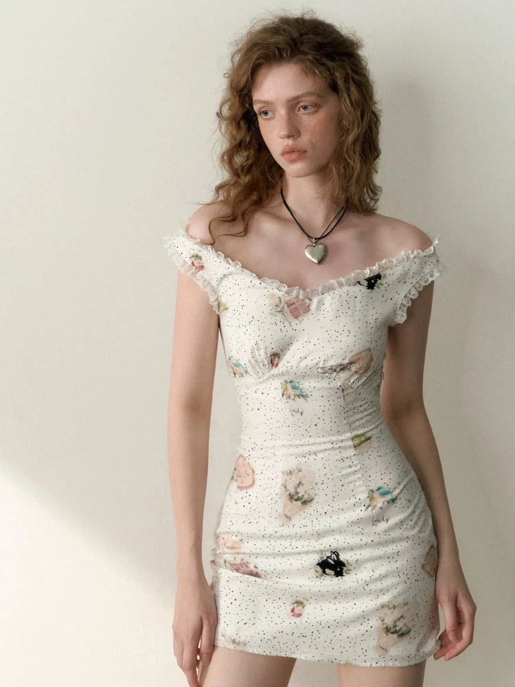 Spotted flower one-shoulder tight waist dress