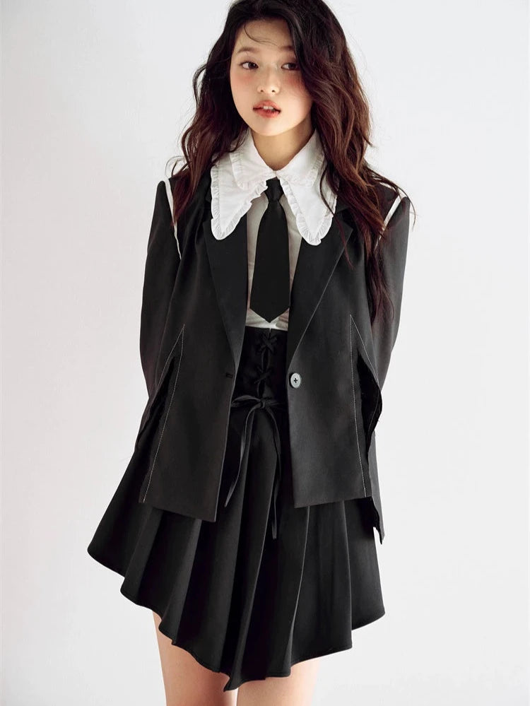 Tie Waist Bow V-Shape Hem Pleated Skirt