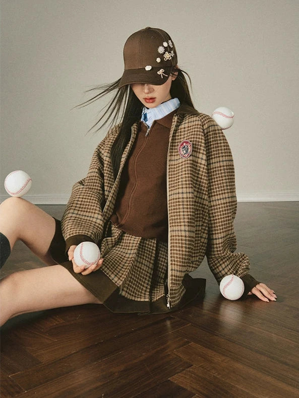 Vintage Check Panel Loose Casual Jacket