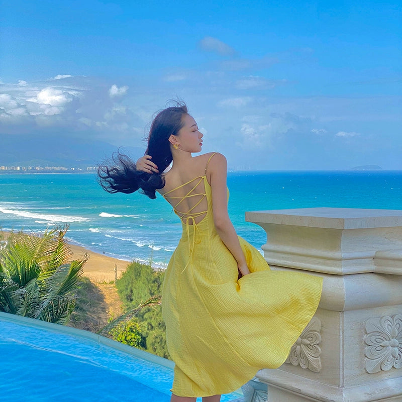 プリンセスリベル少し背中の開いたAラインのスリップドレス夏のドーパミンフランスのリゾートロングスカート