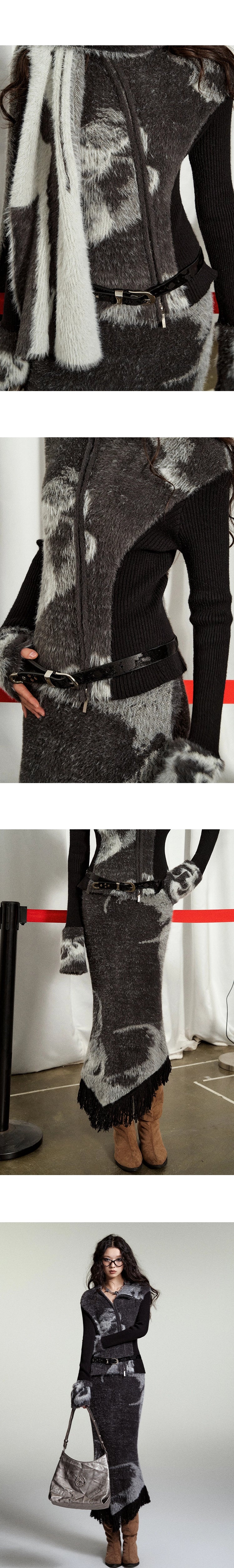 [スポット] OfAkiva「織りジャンル」フェイクミンクジャカードニットスーツレディースカーディガンスカート