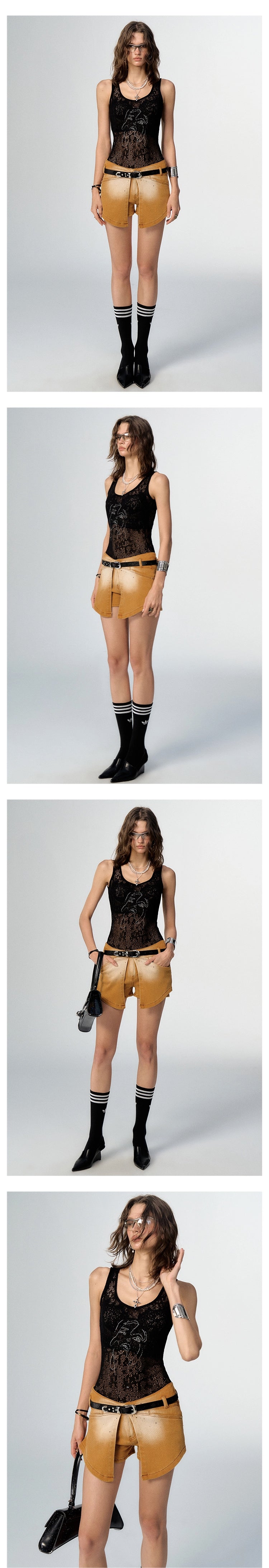 [スポット] Akivaの「だらしない」シアーファイングリッターレースニットプリントマリンベスト