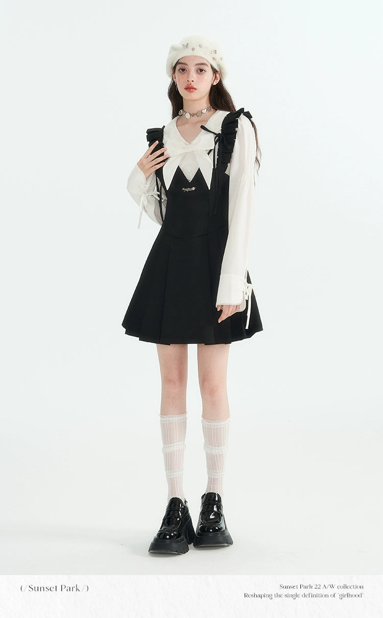 SunsetPark "Night Moon Iris" ブラック スリムウエストストラップ プリーツスカート