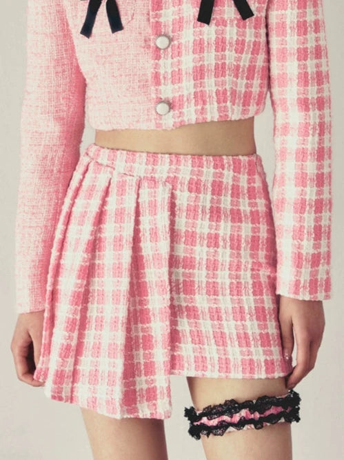 Pink Checked Stitch Bow Skirt