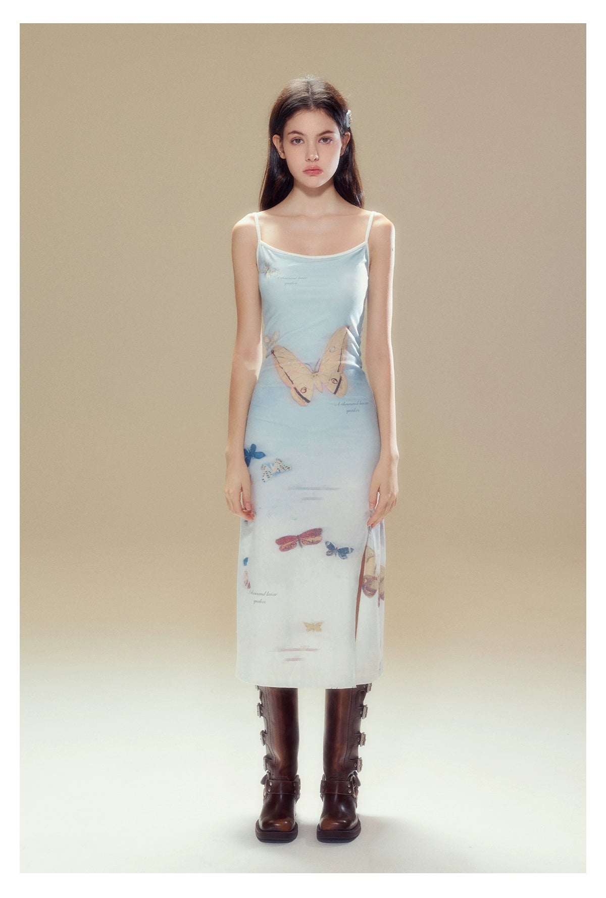 [スポット] サンセットパークサンセットパークオリジナルグラデーションバタフライプリントニットスリップワンピースドレス