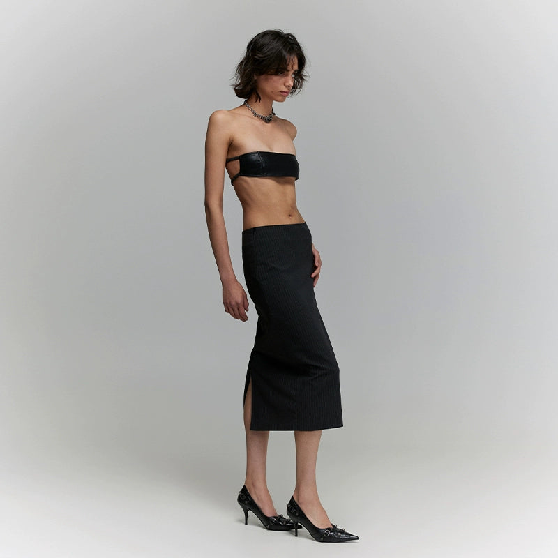 SansFrontieresグレーストライプスカートグレーファッショナブルなオーバーザニースーツスカート