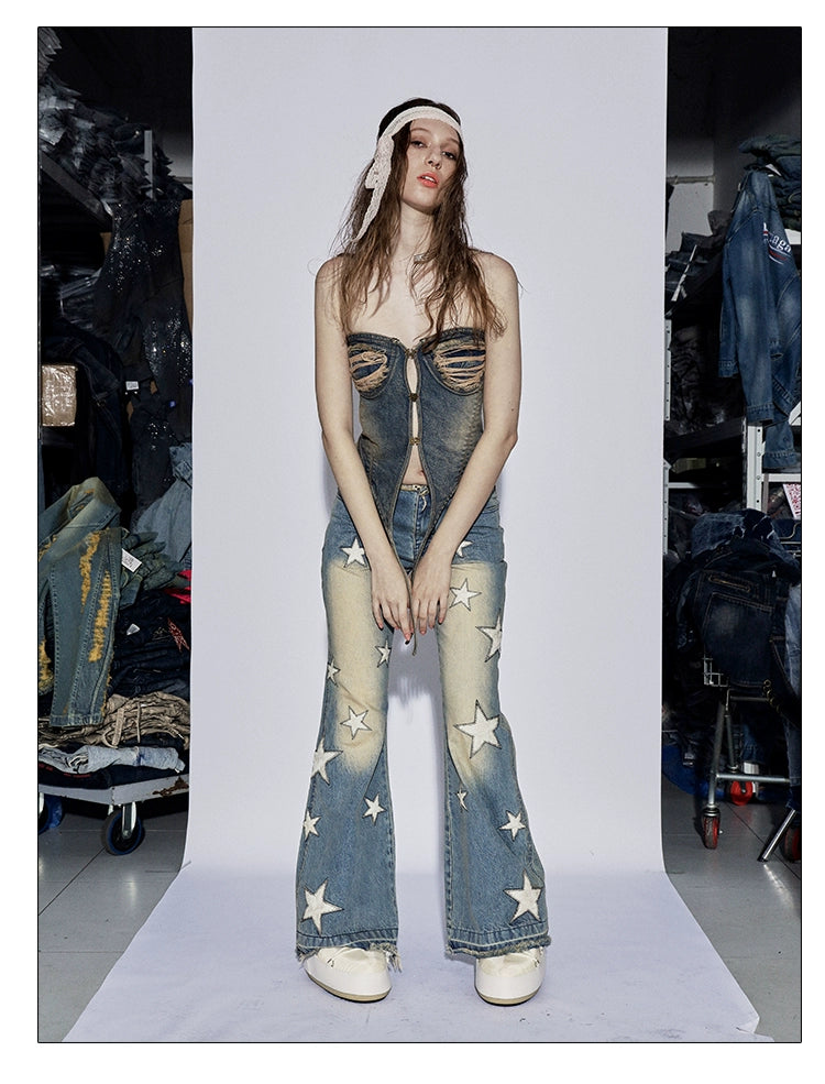 フェイ・チュイ・アメリカン・ベイブス・スターパネル・ウォッシュド・ディストレスド・ルーズエッジ・デザイン・マイクロ・フレア・ローライズ・ジーンズ