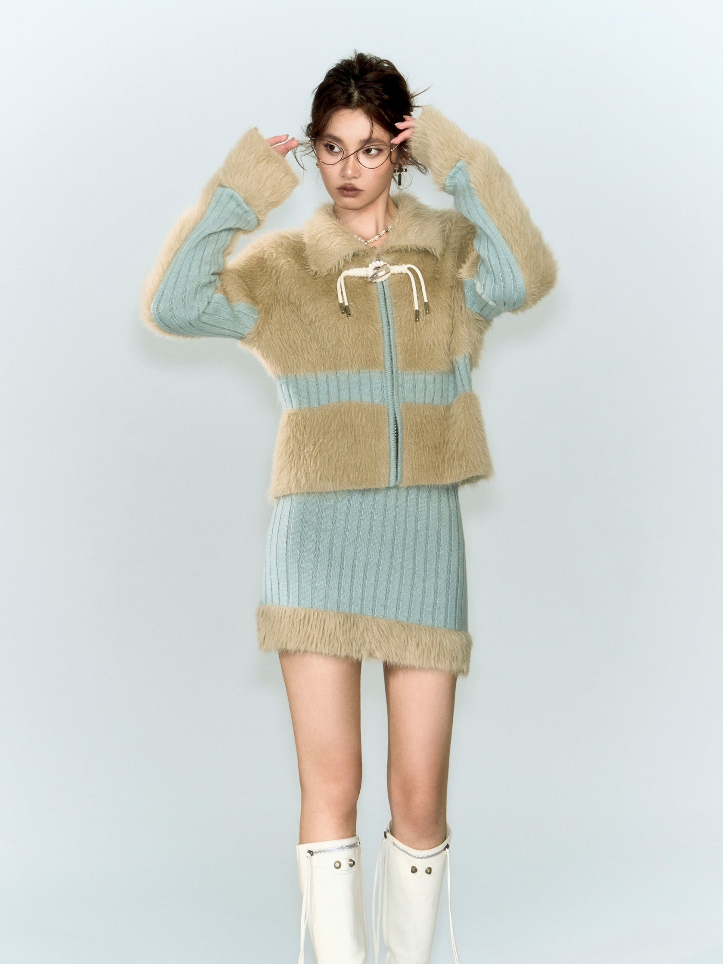 [スポット] OfAkiva「スプライシングその他」フェイクミンクニットパッチワークウィンターコートスカートスーツレディース