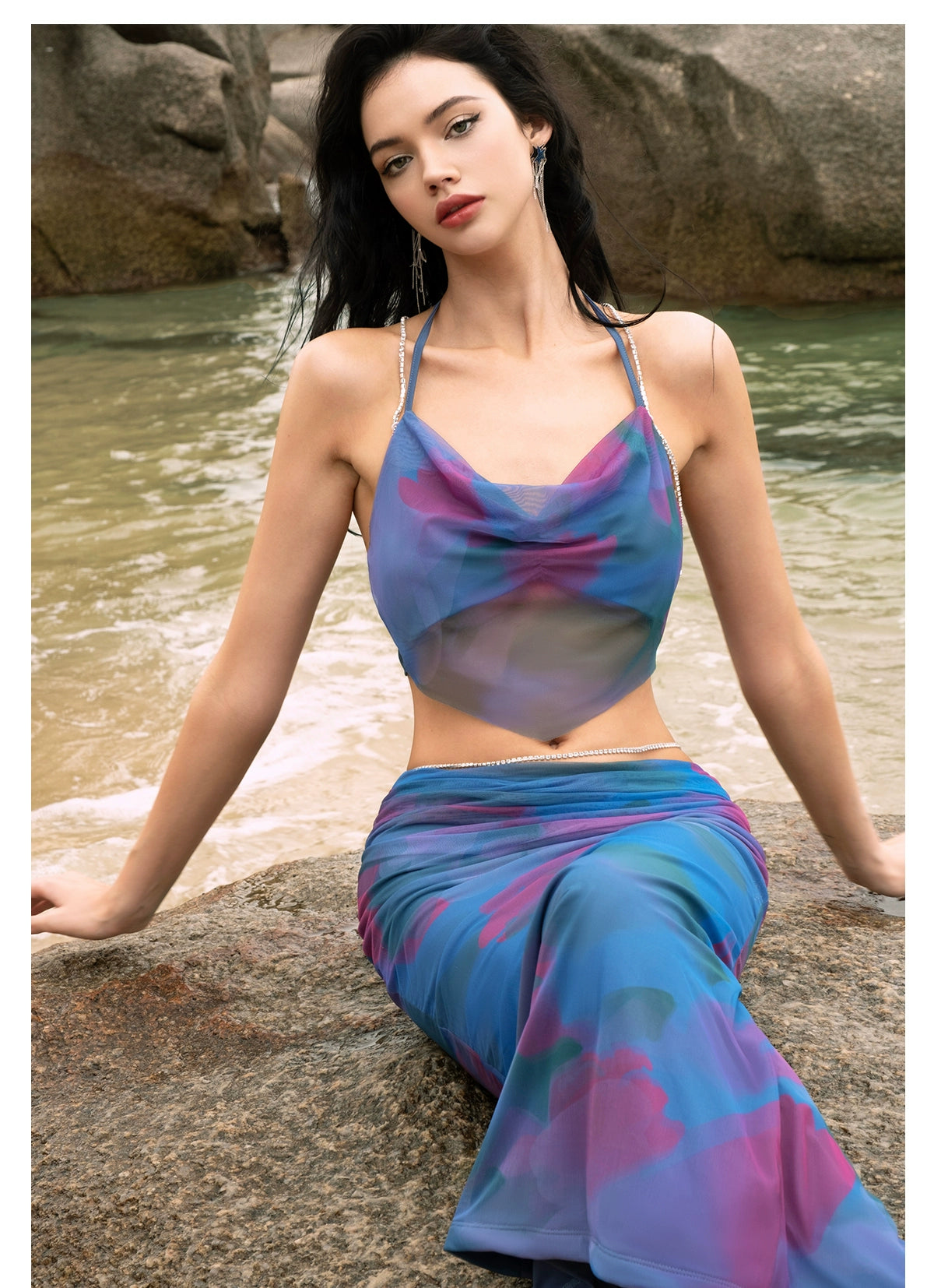 [同じ段落の江英栄] シアーラックPBザクロフラワーレースアップサマーキャミソールスカートセット