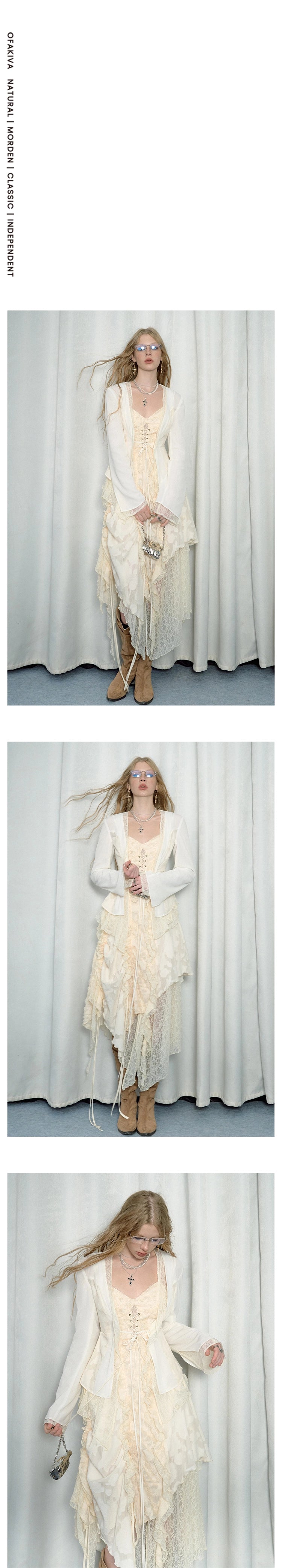 [スポット] OfAkiva「Daylight」わびさびレースパッチワークフェイクツーピースブレザー