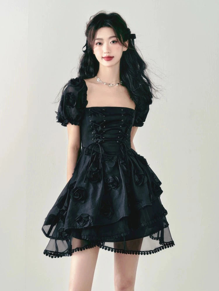 Three-Dimensional Rose Tie Puff Sleeve Dress