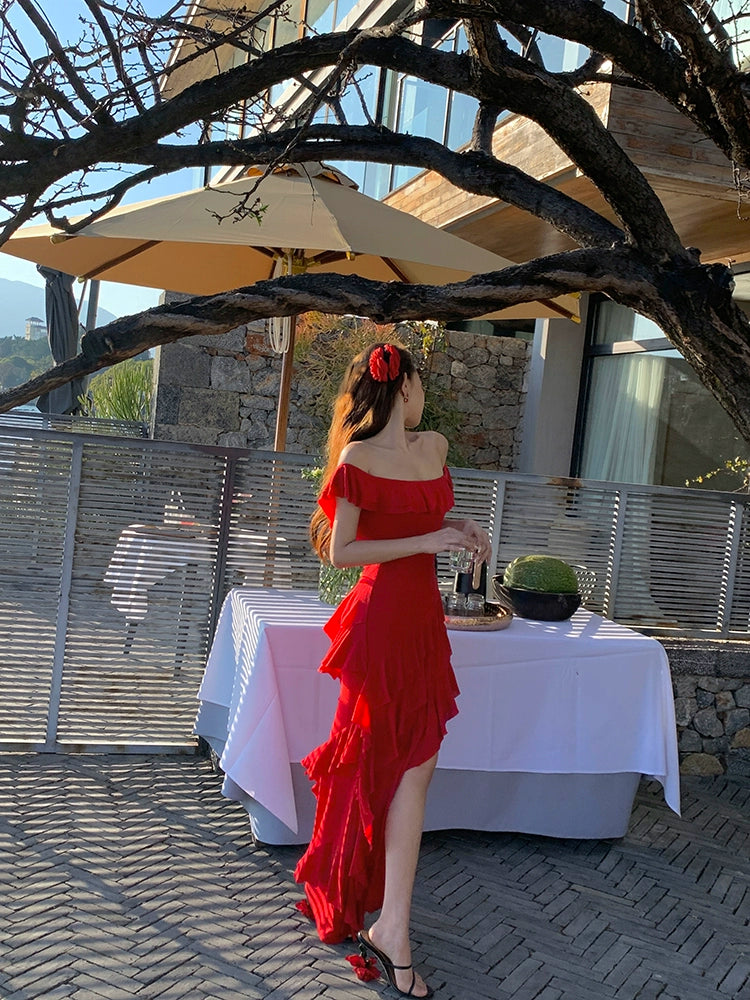 リトルコーラルテンセルウールレッドワンショルダードレス夏ニッチデザインフリルロングスカート