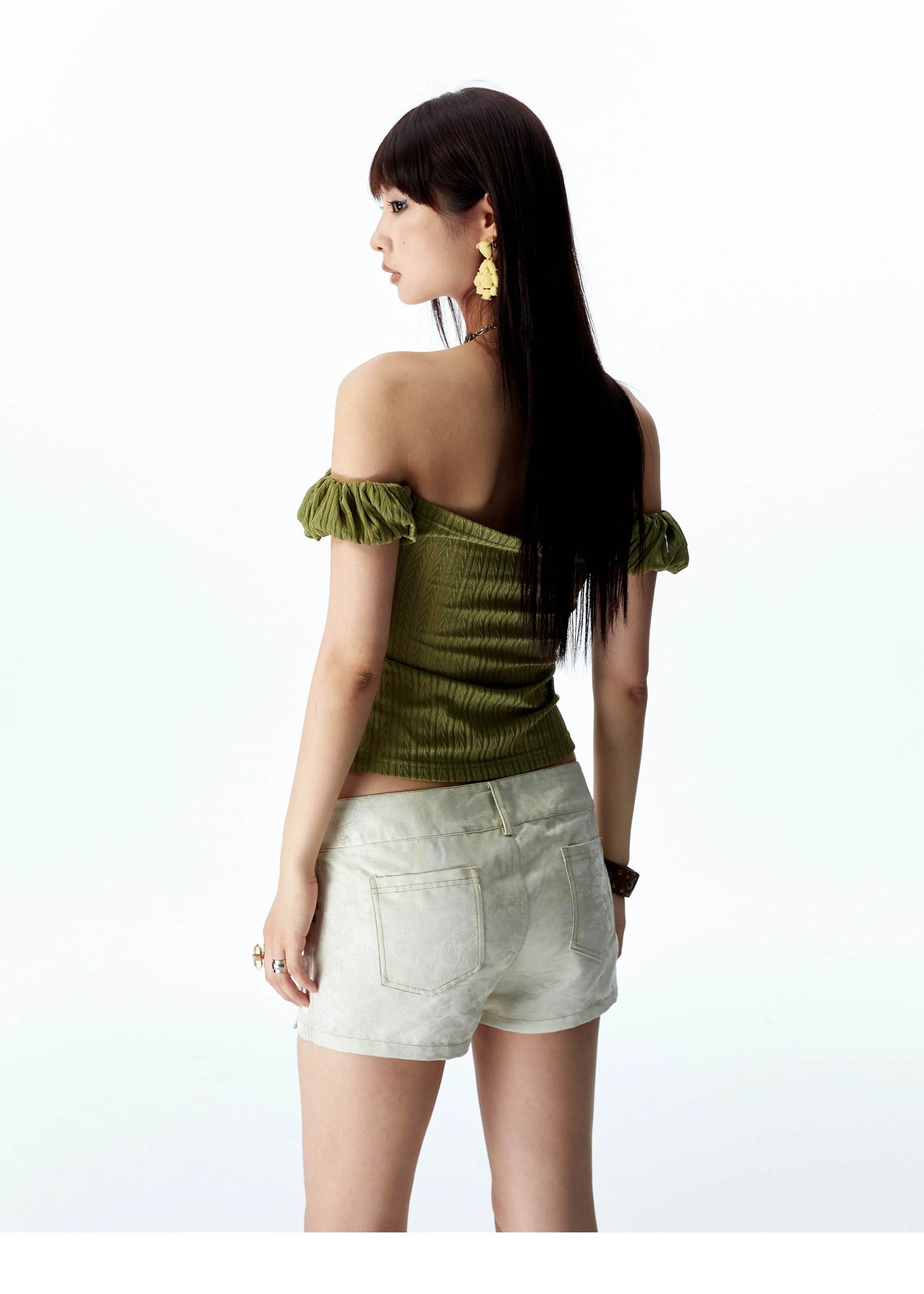 YOSHUYUKI オリジナルデザイン シダーグリーンストレッチニット ビンテージレース ストレートショルダー バンドゥ 半袖