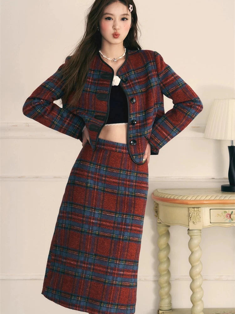 Retro red and blue plaid tweed skirt