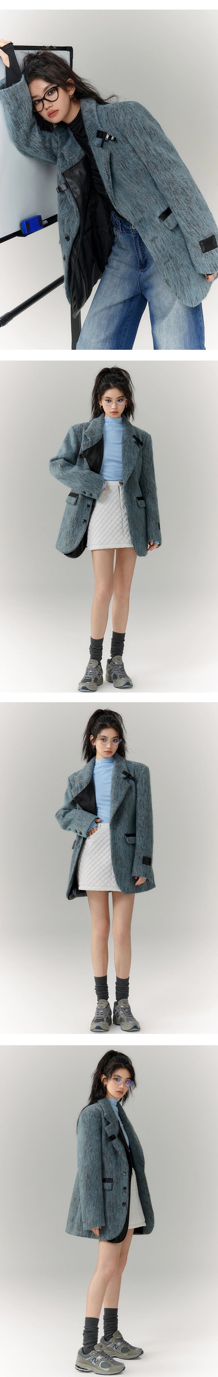 [スポット] OfAkivaツイードブルーとグレー織りウールファッションスーツレディーススーツスカートツーピースセット