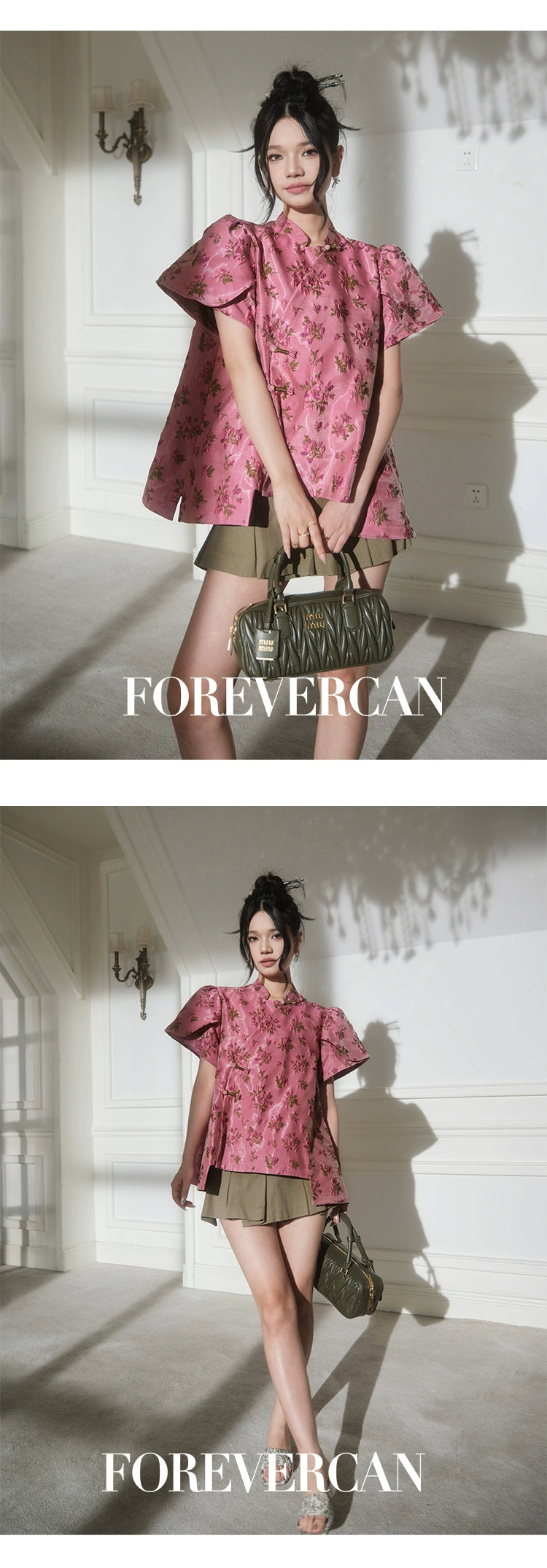フォーエバーカンレディースサマー2024新しい中国スタイル新しい中国スタイルの高級気質パフスリーブ前立てトップス