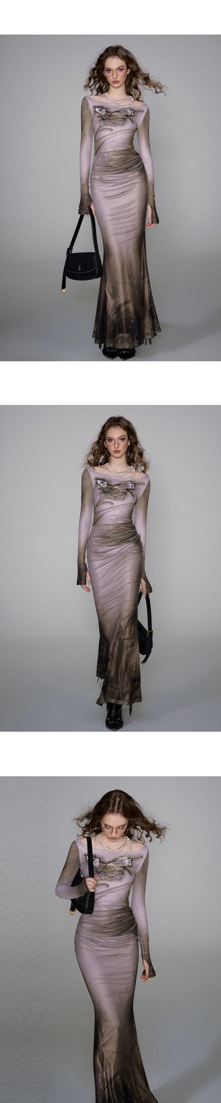 [スポット] OfAkiva「ドリームコアエステティック」バタフライプリントメッシュ長袖ボートネックフィッシュテールスカート女性