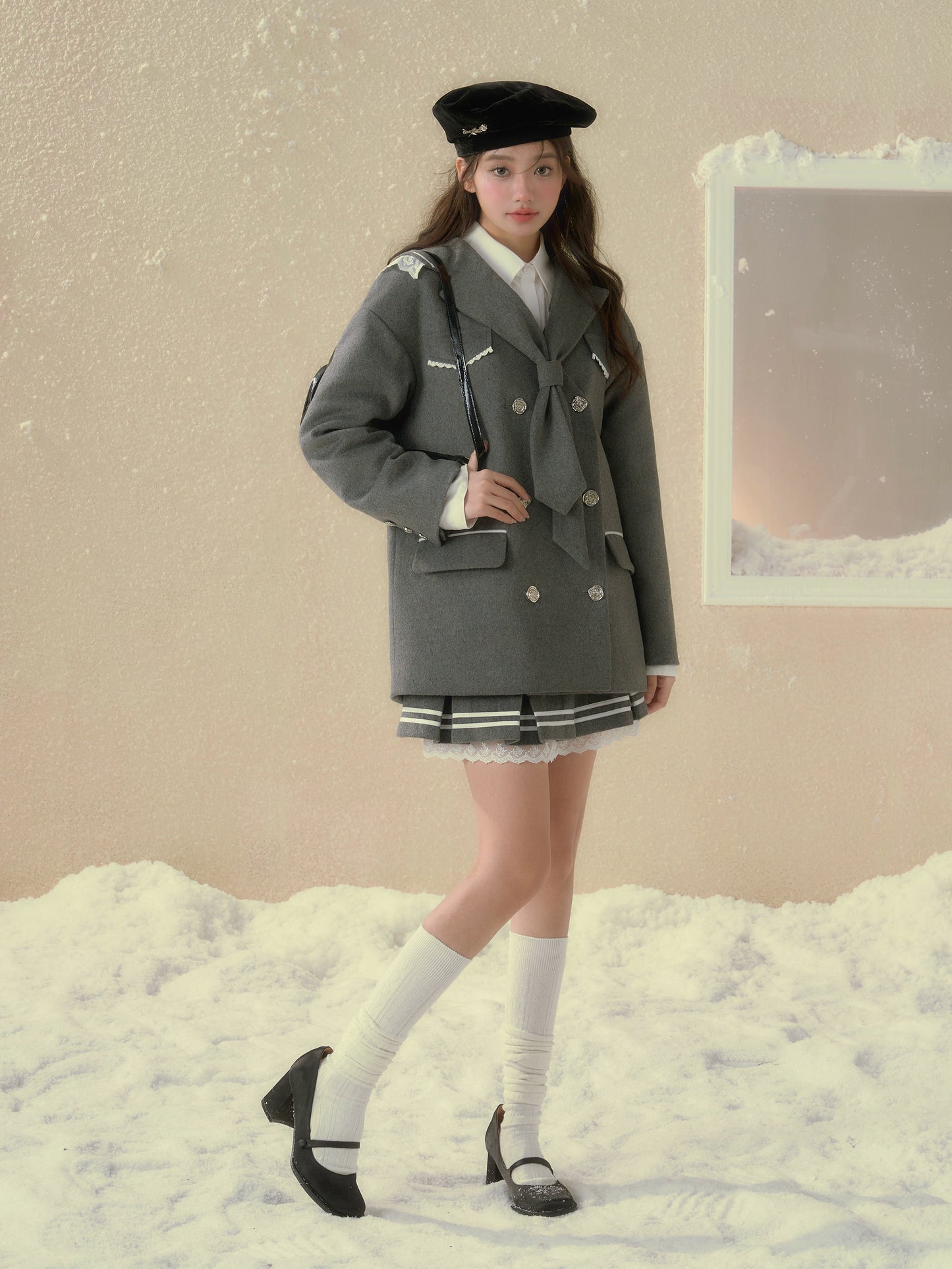 サンセットパーク グレイ カレッジ 50 ツイード パッド入りジャケット コート、取り外し可能なネイビー カラー