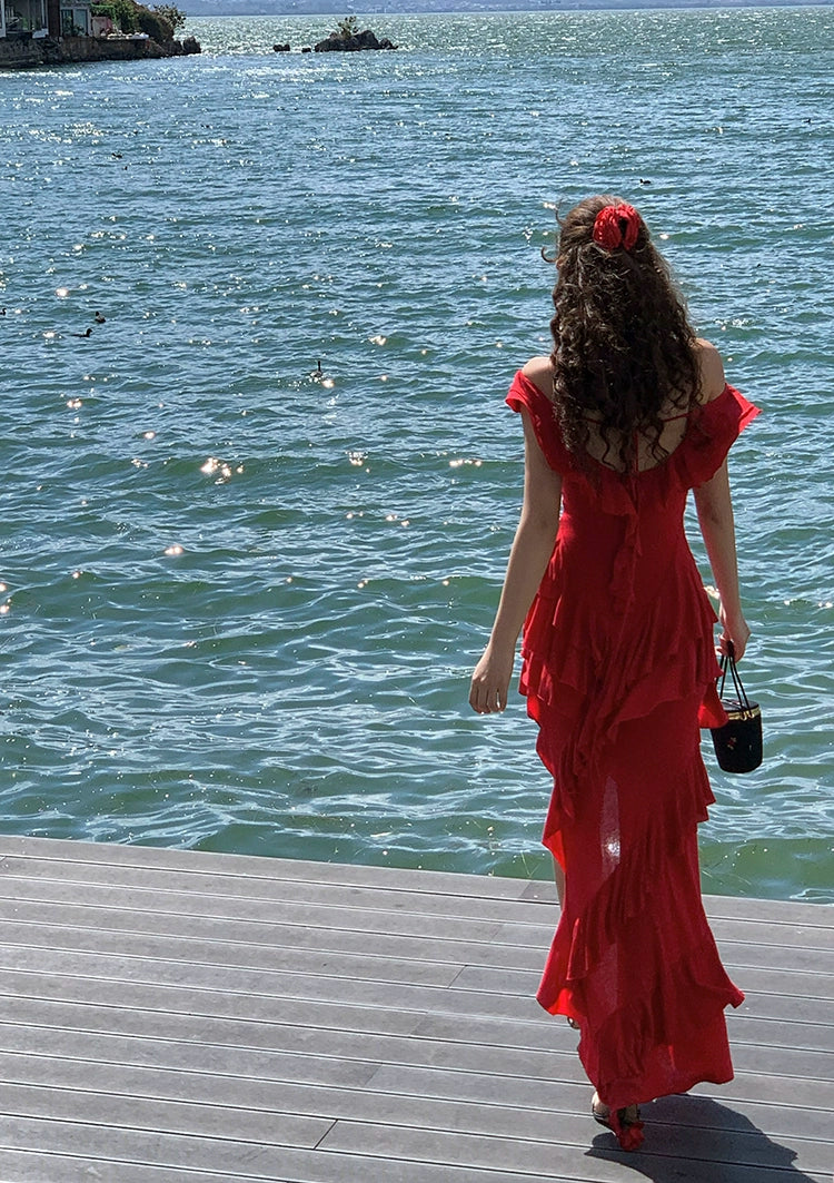 リトルコーラルテンセルウールレッドワンショルダードレス夏ニッチデザインフリルロングスカート