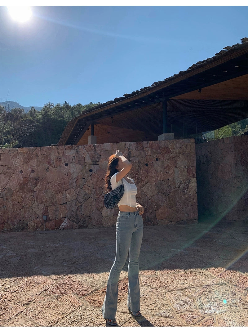 Xiaoli chopsticks essence 2.0 light color、ハイウエスト、ストレート、slightly フレアジーンズ、スプリングドレス、スリム、スキニーパンツ