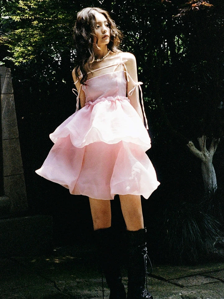 Slip Bow Organza Bud Sleeveless Dress