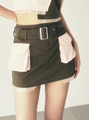 Original Design Splicing Small Flared Lace Belt Banded  Hip Skirt