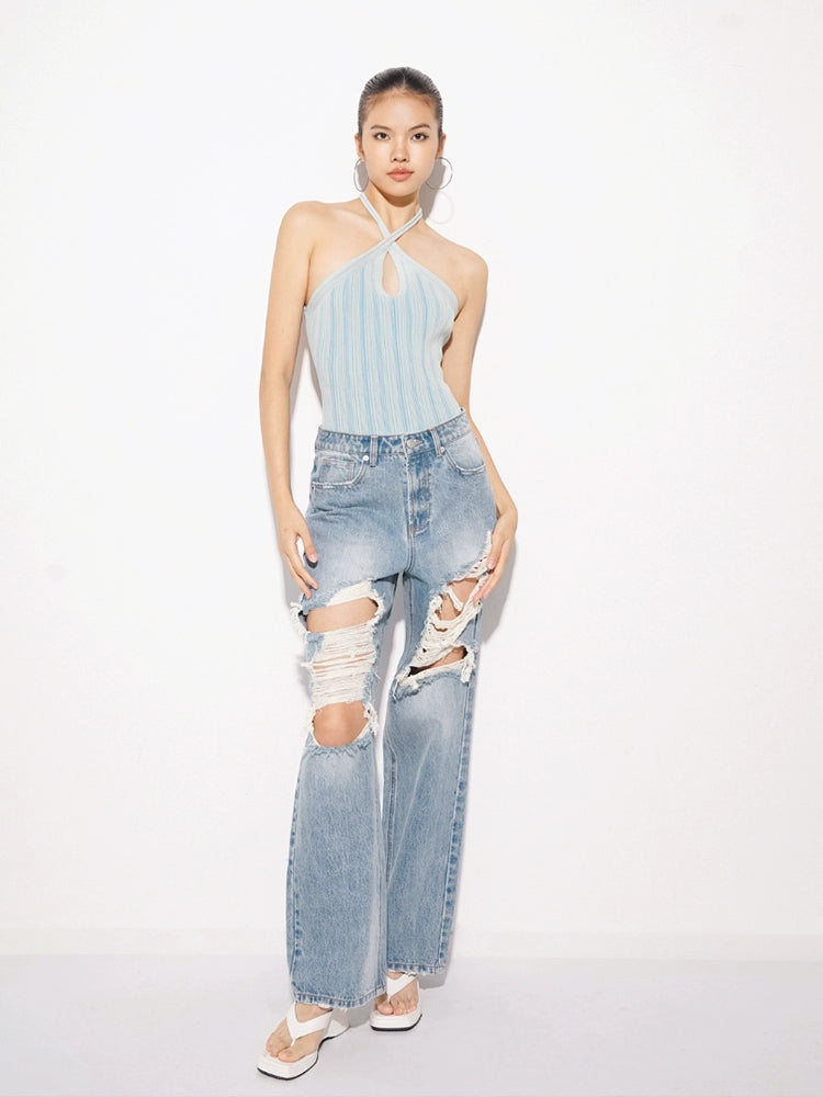 TR彼女ホット渋谷ベイブスライトブルーウォッシュ破れたパンツミッドライズストレート薄いベイビーパンツジーンズ