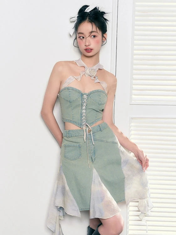 Vintage distressed lace flower denim skirt