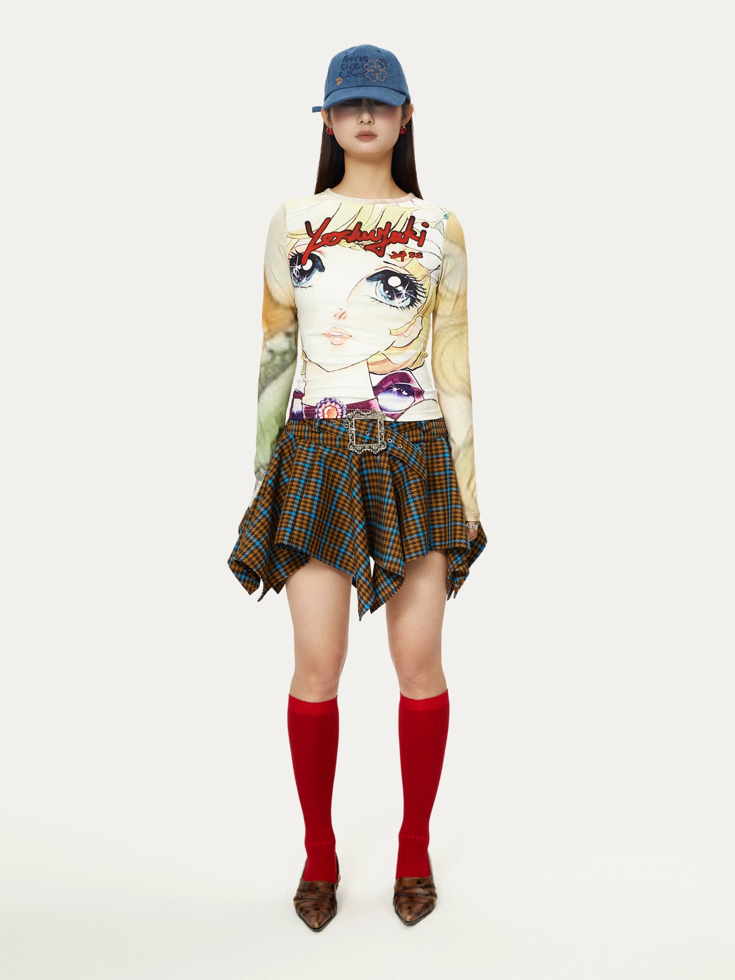 YOSHUYUKI「フリースピリット」レトロパンクコントラストチェックワイドウエストバンドデザイン不規則な裾スカート