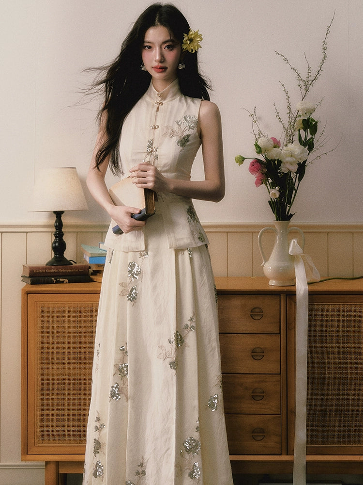 Sequined Embroidered Chinese Stand Collar Tops