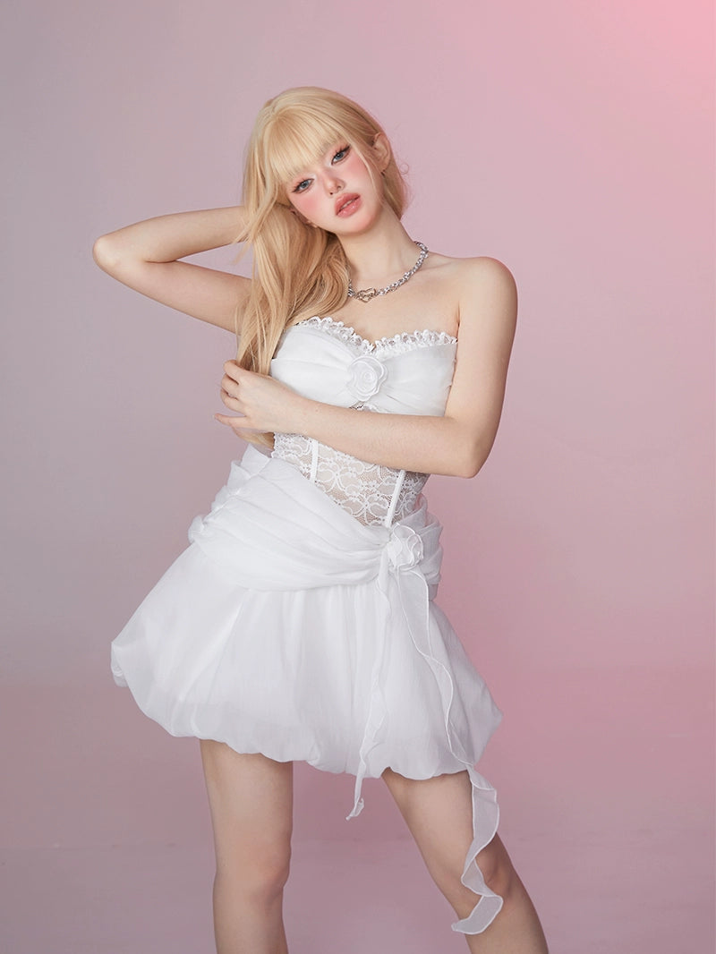 GirlyFancyClub白鳥の湖の物語のプリンセスレースヘリンボーン締めウエストパフメッシュバンドゥドレス