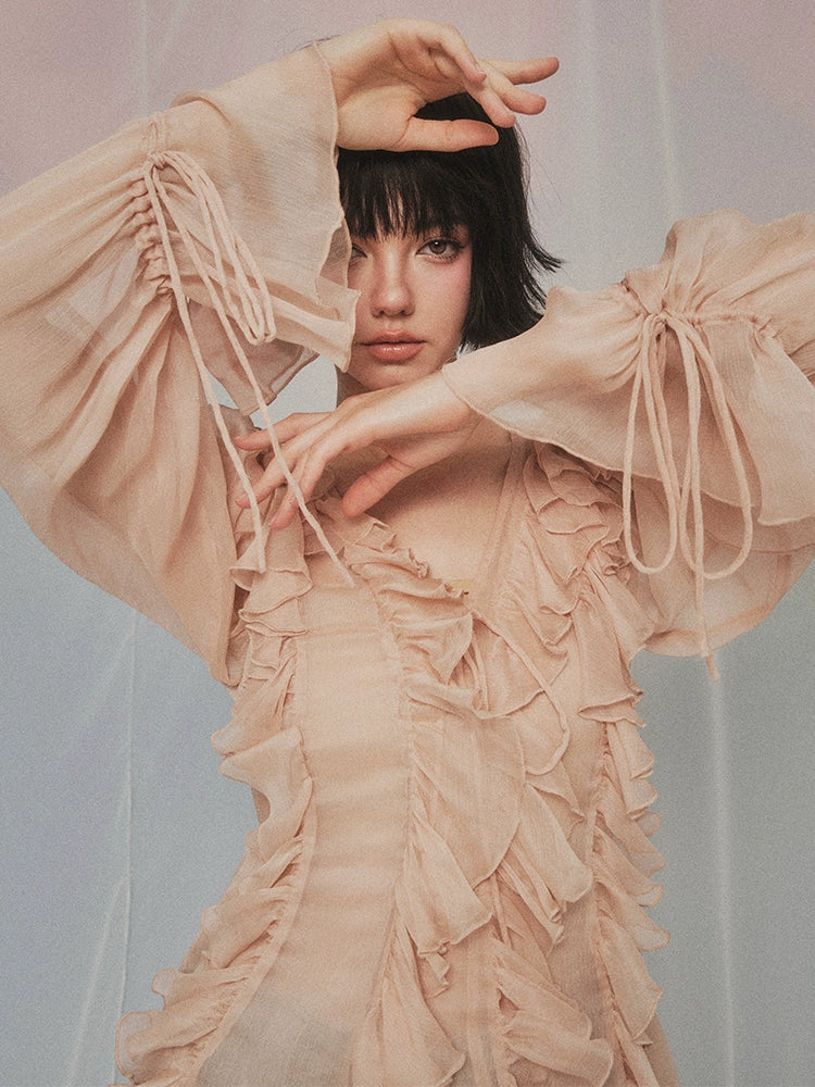 フォーエバーカンレディース2024新しい夏の島の回顧録モネガーデンスタイルVネックフリルトップドレスレディース