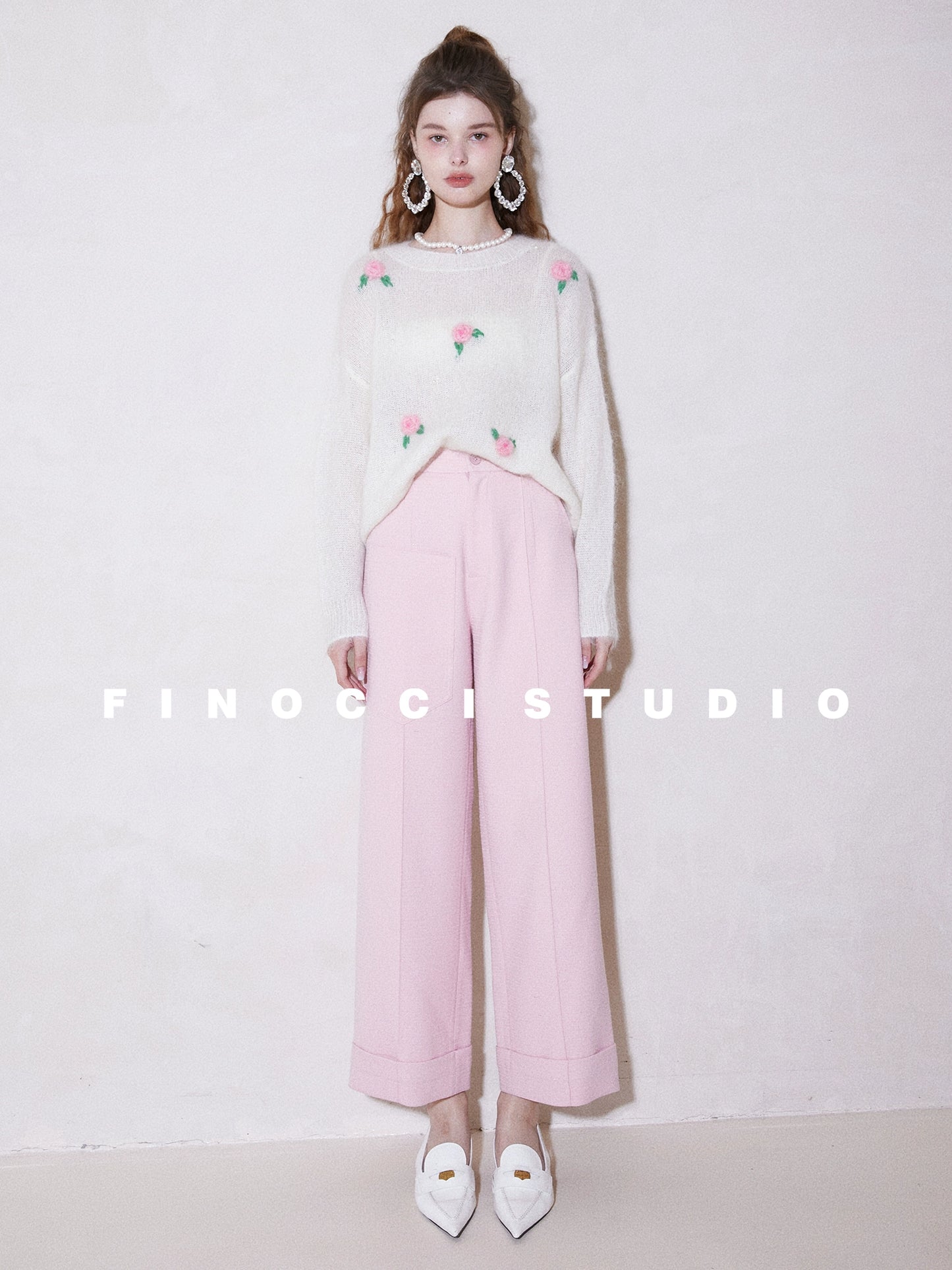 FINOCCI春の新しい照明春のワードローブゴッドパンツカラースピニング染め桜ピンクハイウエストカジュアルワイドレッグパンツ