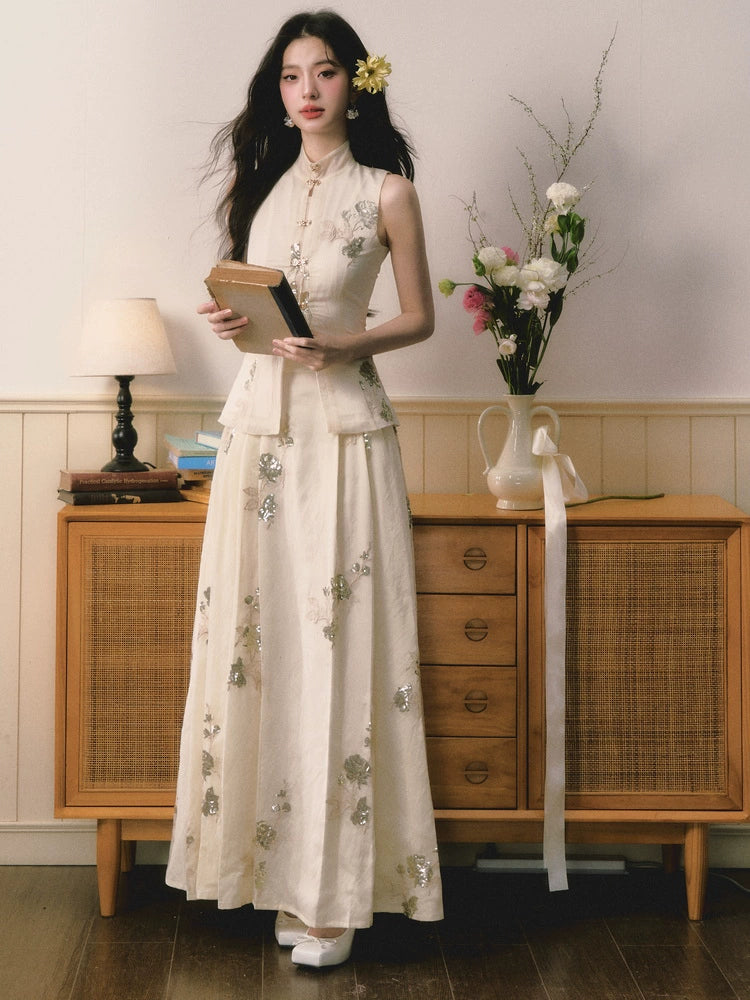 Sequined Embroidered Chinese Stand Collar Tops