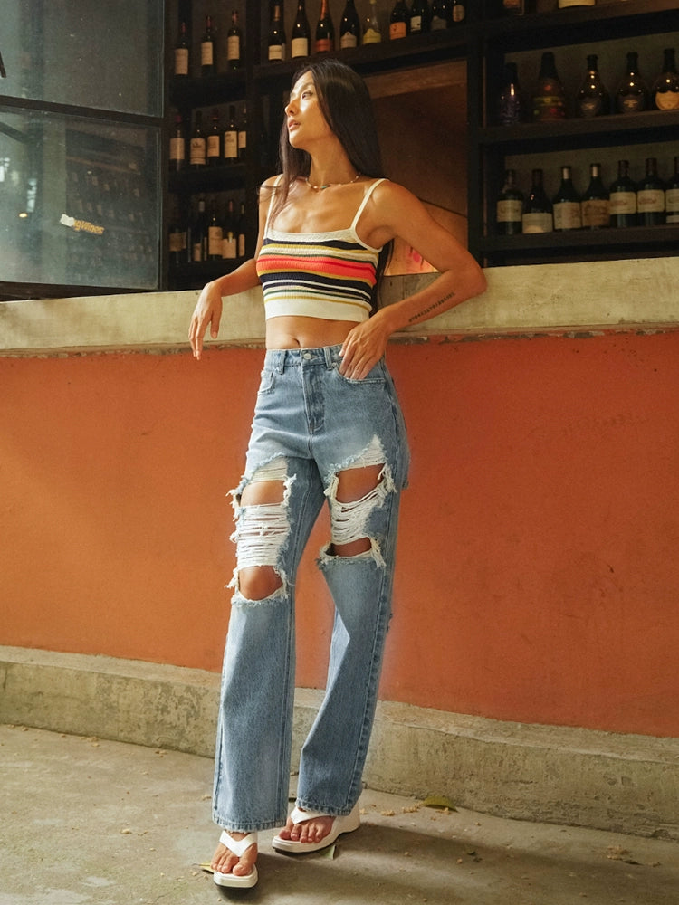 TR彼女ホット渋谷ベイブスライトブルーウォッシュ破れたパンツミッドライズストレート薄いベイビーパンツジーンズ