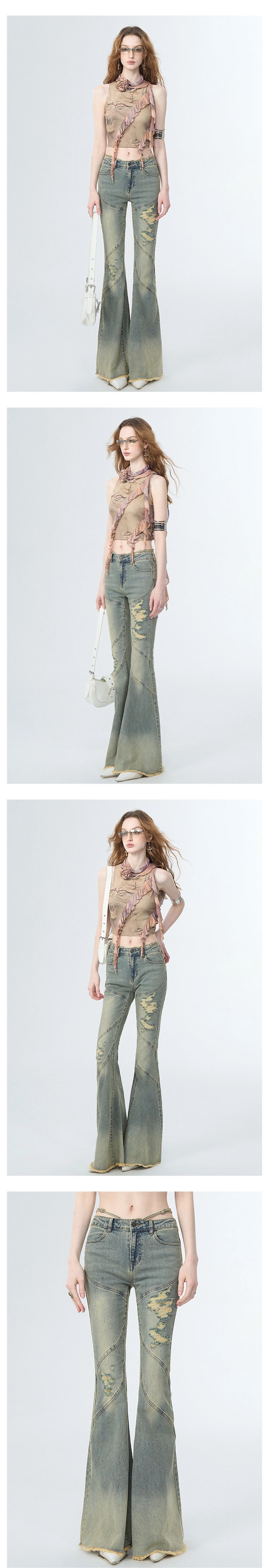 [スポット] OfAkiva「クロス」ウエストストラップ流線型スプリットサボタージュウォッシュジーンズ