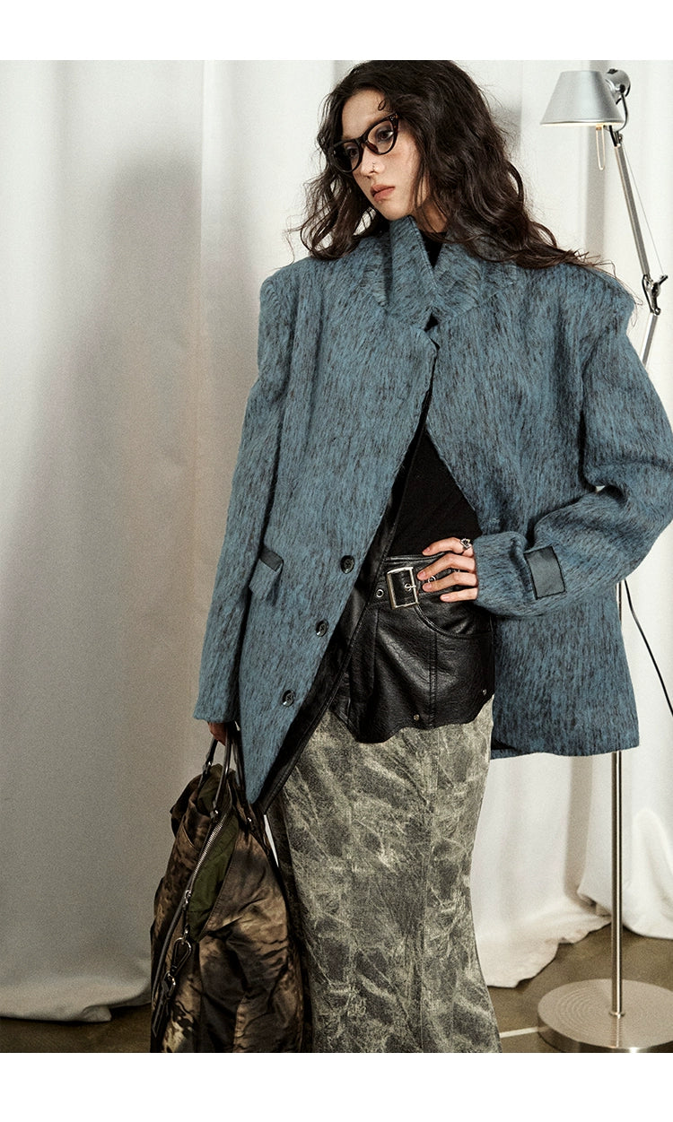 [スポット] OfAkivaツイードブルーとグレー織りウールファッションスーツレディーススーツスカートツーピースセット