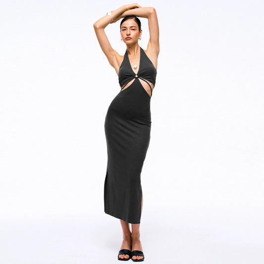 TR彼女のホットカーブキラーダークグレー穴掘りセクシーなカットアウトストレッチヒップスリムバックレスドレス