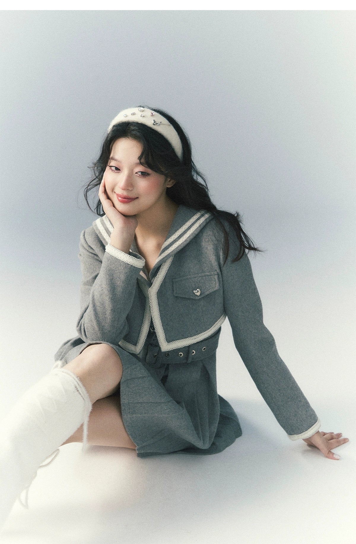 サンセットパークサンセットパークグレーネイビーカラーツイードプリーツドレススーツ秋用ツーピースセット